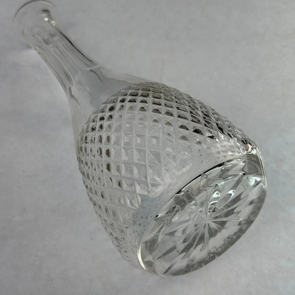 Vintage Pressed Glass Decanter with Stopper Diamond Pattern Star Base 13.5